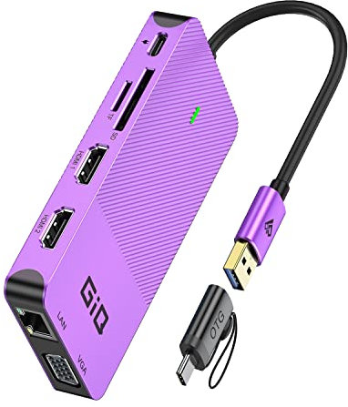 Station d'accueil USB Giq USB C Hub USB 3.0 vers Double HDMI VGA Adaptateur Triple Affichage USB C pour Ordinateur Portable Double écran Compatible avec MacBook M1 USB Dock-Violet