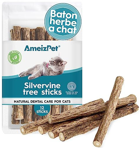 AmeizPet Erba Gatta Secca Per Gatto Pronta, Naturale Bastoncini Matatabi Per Gatti - Bastoncini Da Masticare, Silvervine Pulizia Denti Per Gatti 12 Pcs