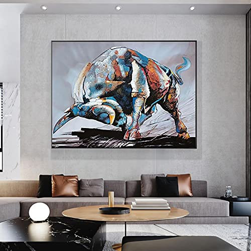 KADING Spanischer Stierkampf auf Leinwand, bunte Stier-Poster und Drucke, abstrakte Tier-Wandkunst, Bilder für Wohnzimmer-Dekoration, 80 x 110 cm (31 x 43 Zoll) mit schwarzem Rahmen