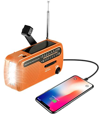 Solar Kurbelradio, AM/FM/SW Tragbare Notfallradio, 1200mAh Wiederaufladbare Powerbank Radio Batteriebetrieben mit LED Taschenlampe und SOS Alarm für Camping, Reisen(Orange)