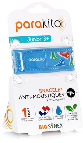 PARAKITO - Bracelet Anti-Moustiques Réutilisable - 2 Plaquettes Incluses aux Huiles Essentielles - 1 Mois de Protection - Sans DEET - Motif Basket - Taille Junior 3+