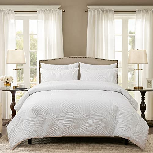 YASMENG 4 Jahreszeiten Bettdecke 155x220 Daunen Blätter Muster 400 GSM Ganzjahresdecke Mikrofaser Bettdecken 155x220cm Weich Atmungsaktive Duvet Modern Kinderbettdecke Weiß mit 2 Kissenbezüge 80×80 cm