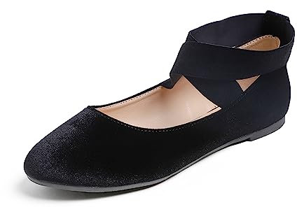 Feversole Women's Stretchy Elastic Ankle Straps Ballet Flats Shoes Black Velvet Size 6 UK