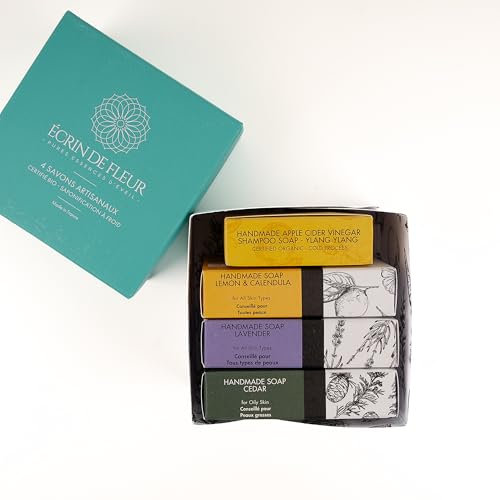 Écrin de Fleur - Paquete de 4 jabones artesanales ecológicos certificados (Cedro 1x90g, Lavanda 1x90g, Limón y Caléndula 1x90g, Champú - Ylang Ylang 1x55g)