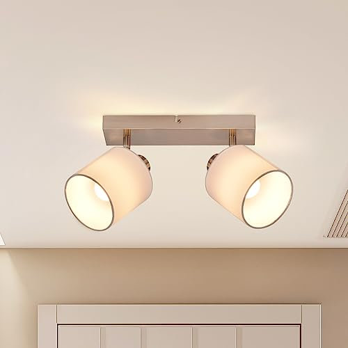 Glitzerlife Deckenlampe 2 Flammig Deckenstrahler Flur - Deckenleuchte Modern Deckenspot E14 Silber Schwenkbar 350° Weiß Stoffschirm MAX.25W Küchelampe für Wohnzimmer Korride(Ohne Leuchtmittel)