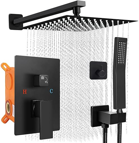 Anysig Shower Faucet Set, 12 Matte Black Shower Head and Handle Set, Rainfall Shower System with Square Rain Shower Head and High Pressure Handheld Spray, Shower Valve and Trim Kit Wall Mounted