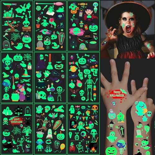 Halloween Leuchtende Tattoo Aufkleber, 30 Blatt Wasserdichte Temporäre Tattoos, Halloween Tattoos Aufkleber, für Jungen Mädchen Party Mitgebsel, Kürbisse, Geister, Spinnweben