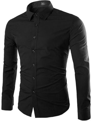 Men's Stylish Casual Business Shirt Slim Fit Long Sleeve Button Up Dress Shirt Solid Formal Dress Shirt, Black, Large