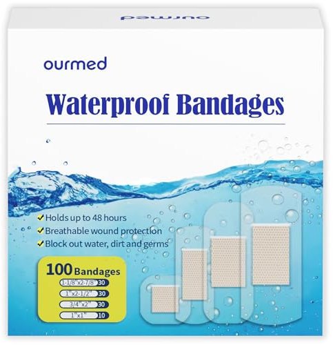 Ourmed Waterproof Plasters - Holds up to 48 Hours, Clear Adhesive Plasters Stays on Skin in The Bath, Shower or Pool, First-Aid Wound Care, Fingers, Knees and Heels, 100 Count