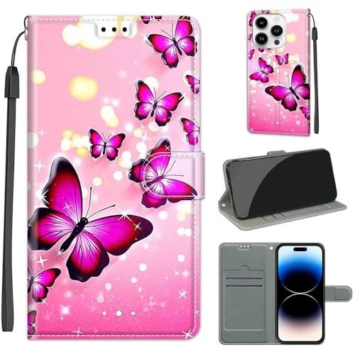KENHONER Wallet Case for iPhone 14 Pro, Flying butterfly | PU Leather Shockproof Protective, Kickstand, Flip Wallet, Magnetic Closure,Lanyard