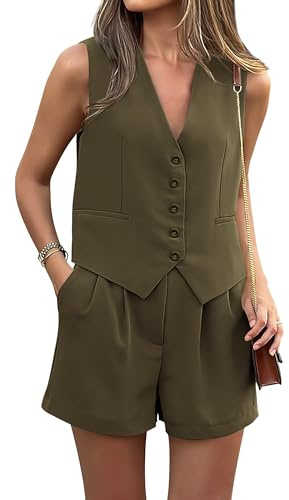 PRETTYGARDEN 2-teiliges Sommer-Outfit für Damen, V-Ausschnitt, ärmellos, Button-Down-Weste, Shorts, Set, Business, Arbeit, passendes Set 2025, Grün (Army Green), S