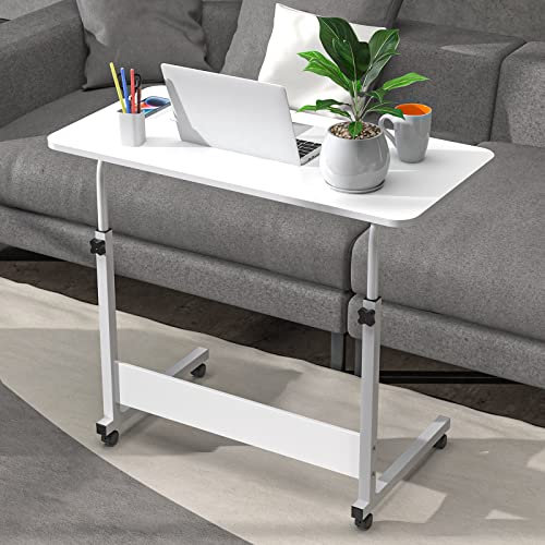 PIPIPOXER 80 x 40 cm, mesa para portátil con ruedas, altura ajustable 69-90 cm, escritorio para ordenador, mesa alta móvil, mesa superior giratoria 360, mesa auxiliar para sofá, color blanco