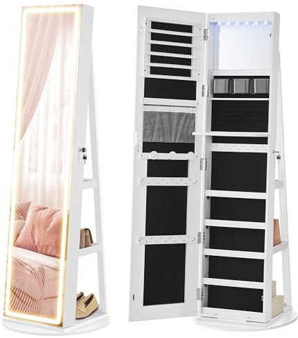 SONGMICS LED Mirror Jewellery Cabinet Standing, Lockable Jewellery Armoire with Full-Length Mirror and Adjustable LED Lights, Space-Saving Jewellery Organiser, Gift Idea, Cloud White JJC008W02