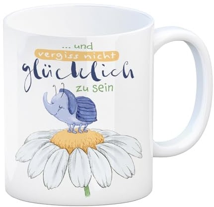 Käfer Kaffeebecher mit Spruch und vergiss nicht glücklich zu sein Fröhlicher Cartoon-Style Naturmotiv Ideal für Geburtstag Motivation