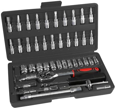 Sleeleece 1/4 Zoll Steckschlüsselsatz, 46 teilig Steckschlüssel Bit Set Metrisches mit Flexiblen Verlängerungsstangen, Schnellspann Umschaltknarre -für die Reparatur zu Hause und DIY