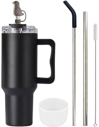 FloweryOcean 1200ml 40OZ Tasse Isotherme Voyagee, Tasse à Café Acier Inoxydable à double paroi, Mug Isotherme avec poignée, paille et couvercle en silicone, Nero
