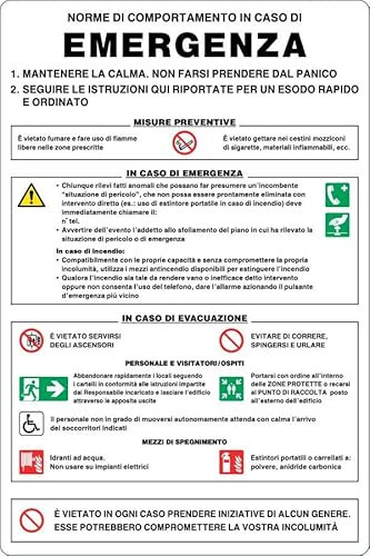 GLOBAL CARTELLO SEGNALETICO - NORME DI COMPORTAMENTO IN CASO DI EMERGENZA - Adesivo Extra Resistente, Pannello in Forex, Pannello In Alluminio (20x31 cm, Plastica)