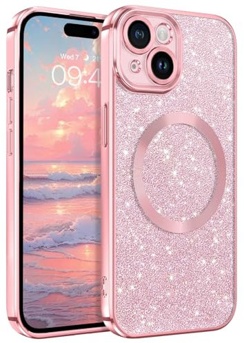 BENTOBEN for iPhone 15 Case Magnetic [Compatible with MagSafe], Pink Luxury Edge Glitter Bling Shiny Slim Lightweight Soft TPU Shockproof Full Protective Girly Cute Women Phone Cover for iPhone 15