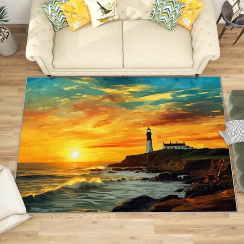 Teppich Mit Leuchtturm - Teppich Wohnzimmer Schlafzimmer Nautisch, Kleiner Teppich Sonnenuntergang, Weich Kurzflor & Waschbar & rutschfest Fussmatte Innen, Kinderteppich 80x150 cm