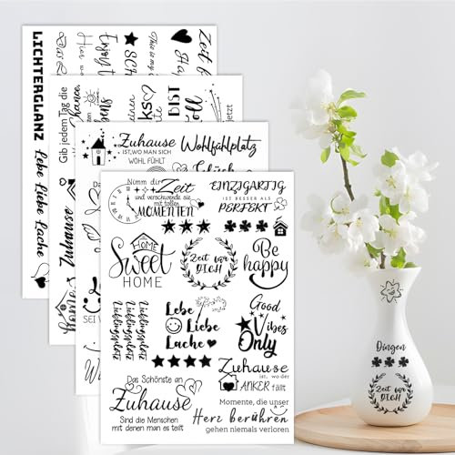 Ulanox 4 Stück Rub On Sticker Transfers Sprüche, Rubons Aufkleber HOME Rub On Folie für Kunsthandwerk, Möbel, Glas, Holz, Kerzen DIY-Dekoration