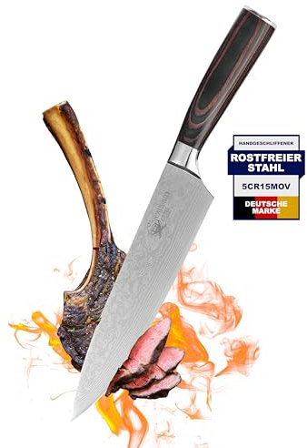 Captain Cut Edelstahl Kochmesser I Chefmesser mit scharfer 20 cm Klinge gelasert im Damastdesign I Scharfes Küchenmesser und Profi Kochmesser mit ergonomischem Pakkaholzgriff in Geschenkbox