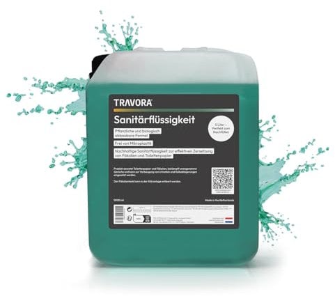 TRAVORA Sanitärflüssigkeit für Campingtoilette - biologisch abbaubarer Toilettenzusatz Wohnmobil 5L - Sanitärzusatz für effektive Zersetzung von Fäkalien und Bekämpfung unangenehmer Gerüche