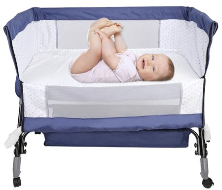 HUOLE Beistellbett Baby,4-stufig Höhenverstellbar,3 in 1 Babybett und Babywiege,Kinderbett mit Rollen,Moskitonetz, 20° Neigung Babybett, 104 x 52 x 100–110 cm – Marineblau