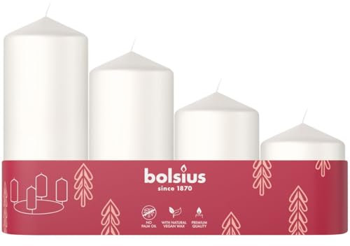 Bolsius - Velas de Pilar Lisas - Juego de 4 - Blanco - Varios Tamaños 12-10-8-6 cm - Ø48mm - Velas Decorativas - Largo Tiempo de Combustión - Sin Perfume - Con Cera Vegetal Natural