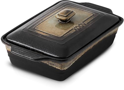 KOOV Rectangular Casserole Dish with Lid, 13 x 9 Inches, 4.1 Quarts, Stoneware, Rough Black