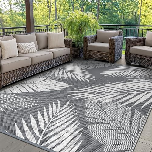 GENIMO Tapis extérieur imperméable pour terrasse 275x365cm Gris Blanc | Plastique recyclé et réversible, résistant aux UV, idéal au jardin, balcon, camping et pique-nique, design bicolore