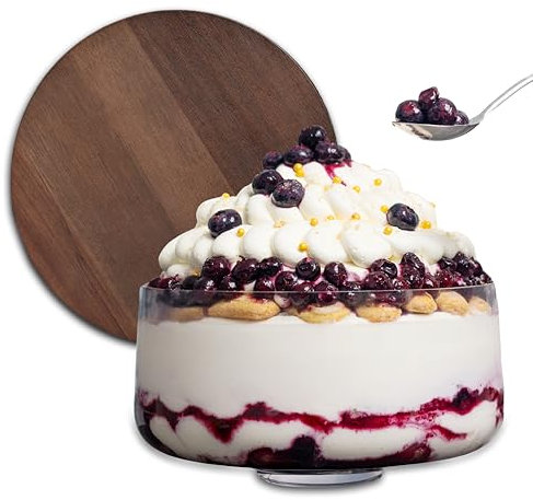 Elomere Large Trifle Bowl with Lid (130oz) - Silver Serving Spoon & Acacia Wood Lid - Trifle Bowl Glass, Glass Salad Dish, With Pedestal - Truffle Dish for Layered Desserts, Fruits, Salads, Punch