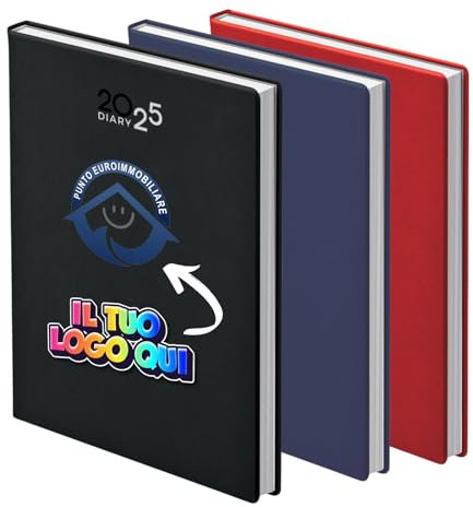 AGENDA 2025 GIORNALIERA PERSONALIZZATA CON LOGO E TESTO MISURA 21x15cm sabato domenica separati - Agende copertina in carta imbottita in colorazione Nera Blu Rossa - Gadget Aziendale Pubblicitario