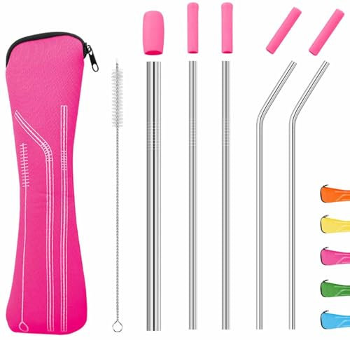 Reusable Metal Drinking Straws Set, with Silicone Tips Cover & 1 Cleaning Brushes for Smoothie, Boba, Bubble Tea and Cold/Hot Drinks (Pink)
