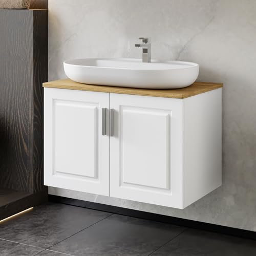 Karen Waschtisch mit Unterschrank Arin Weiß | Keramikwaschbecken | Unterschrank | Badmöbel | Aufsatzwaschbecken | Konsolenwaschtisch | Landhaus Stil | Badezimmer (Arin 80 mit Konsole Eiche)