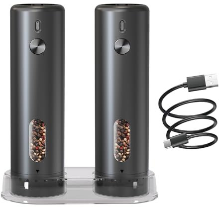 Salz und pfeffermühle elektrisch Set aufladbar, Automatis elektrische pfeffermühle set mit große Kapazität 110ml, Extern Einstellbare Grobheit, LED-Licht und Einhandbedienung, Schwarz