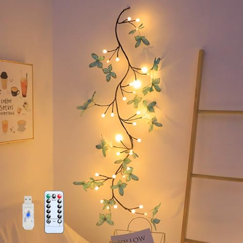 Skeadex Lichterkette Frühling,1.6M 36 LED Frühlingsdeko Lichterkette Willow Vine mit Schmetterling Deko,USB Künstliche Weidenzweige Lichterkette mit Timer,Wand Deko Biegbare Baumzweige Lichter (B)