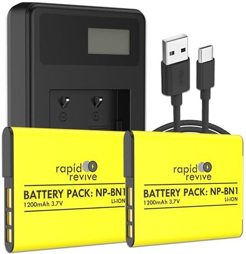 Rapid Revive – NP-BN1 Replacement Battery & Charger For Sony Cyber-shot DSC-QX10 DSC-QX100 DSC-TF1 DSC-TX5 DSC-TX7 DSC-TX9 DSC-TX10 DSC-TX20 – 2 Pack Rechargeable Li-ion Digital Camera Battery