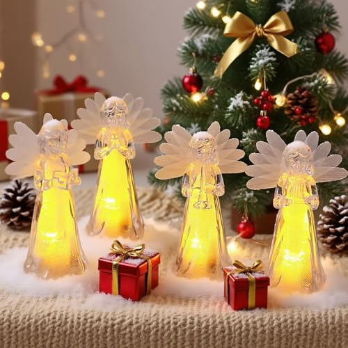 Weihnachtsdeko Engel Figur mit Warmes Licht, Weihnachten Deko LED Engel Figuren, 4 Stück Weihnachtsengel Figuren, Leuchtender Acryl Weihnachtsfiguren, Kleine Engelfiguren für Weihnachten Geschenke (C)
