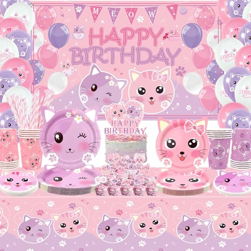 Juego de suministros para fiesta de cumpleaños de gato, vajilla de gatito incluye telón de fondo de feliz cumpleaños, platos, mantel, tazas y pajitas para decoración de fiesta de gatos de niños, sirve