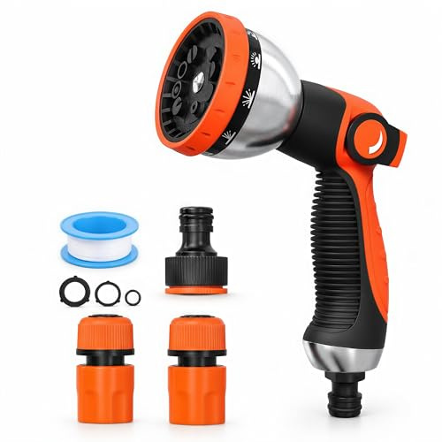 10-Funktionen Gartenbrause, Hochdruck Handbrause Garten-Spritzpistole, Einhandbedienung Wasserspritze für Pflanzenbewässerung, Rasenbewässerung, Fahrzeugwäsche (Orange)