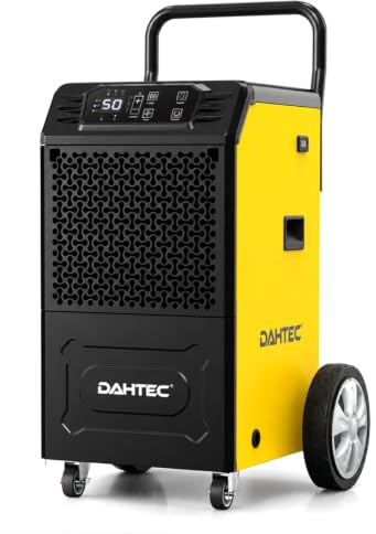 DAHTEC Bautrockner Luftentfeuchter Keller 50 L/Tag elektrisch, 150 m² | Heißgasabtauung & 24h Timer, 2 Gebläsestufen, 7 L Tank, Ablaufschlauch für Dauerbetrieb, nach Wasserschaden