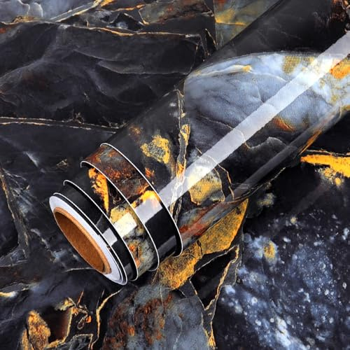 LaCheery Möbelfolie Küche Hochglanz 60cm x 800cm Klebefolie Marmor Schwarz Gold Lila Vinyl PVC Küchenfolie Arbeitsplatte Vintage Tapete Marmoroptik Wasserdicht Marmor Folie Küche Deko Für Badezimmer