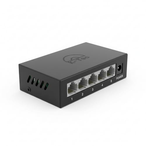 K-Tec Switch Ethernet Gigabit 5 Ports, Boîtier Métal Robuste - Hub Réseau RJ45 10/100/1000 Mbps Plug & Play - Idéal pour Fibre Optique, Gaming, Streaming 4K, PC, Box Internet, Serveur NAS.