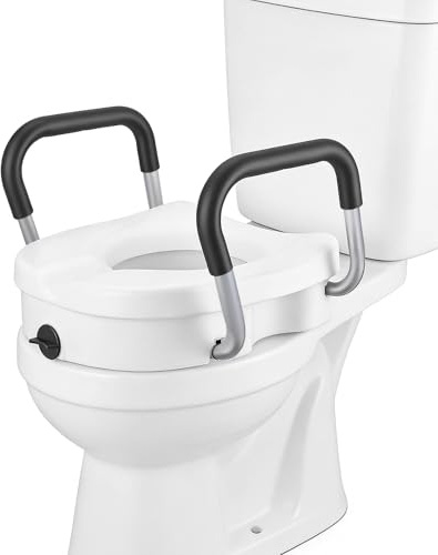 Jradse Raised Toilet Seat with Handles, Adds 4.7 Inch (12cm) Height, Toilet Seat Riser for Elderly, Seniors & Pregnant, Elevated Safety & Support for Disabled, Adjustable Width with Non-Slip Armrests