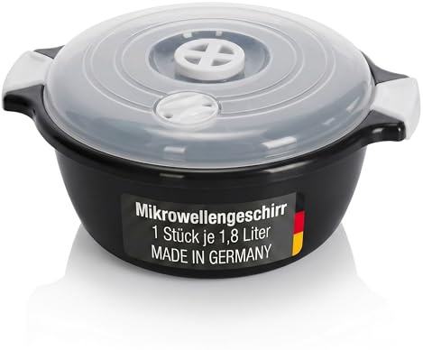 Lantelme Mikrowellenschüssel mit 1,8 Liter mit Dampfventil in Deutschland hergestellt stapelbar spülmaschinengeeignet Kunststoff Schüssel für Mikrowelle Kühl- Gefrierschrank (Schwarz)