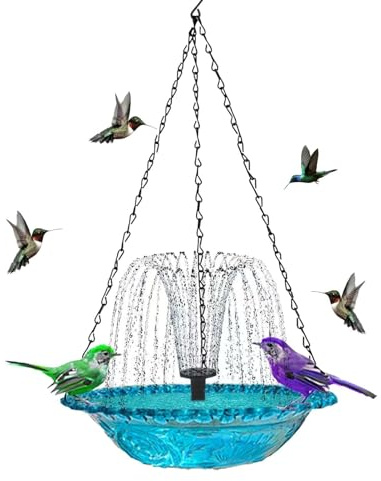 Lanmijia Bain d'oiseaux Suspendu avec Fontaine Solaire Extérieur 2 en 1 Abreuvoir Oiseaux Sauvages Pompe à Eau Automatique Décoration Bleu pour Jardin Balcon Terrasse Observation Nature