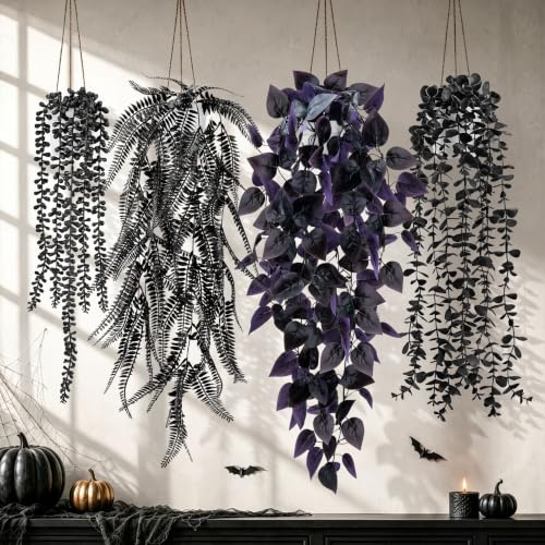 Der Rose Kunstpflanze im Weißen Topf Halloween Deko für Zimmer Wand Regal | Vier Set schwarze Hängepflanzen Ideal dunkle Räume und als Halloween Deko für eine stimmungsvolle Festatmosphäre