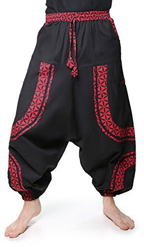 Kunst und Magie PSY Goa Freizeit Haremshose aus Baumwolle Unisex- Für Sie und Ihn, Größe:3XL, Farbe:Schwarz/Rot