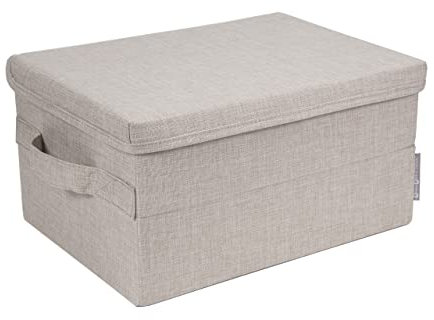 Bigso Box of Sweden mittelgroße Aufbewahrungsbox mit Deckel und Griff – Schrankbox aus Polyester und Karton in Leinenoptik – Faltbox für Kleidung, Bettwäsche, Spielzeug usw. – beige