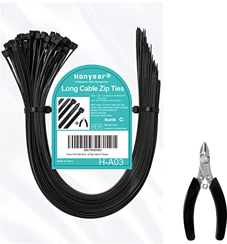 Honyear 61 cm Kabelbinder robust (mit Drahtkabelschneider), starke, große, schwarze Kabelbinder mit 79,4 kg Zugfestigkeit, 50 Stück, lange haltbare Nylon-schwarze Kabelbinder für den Außenbereich,